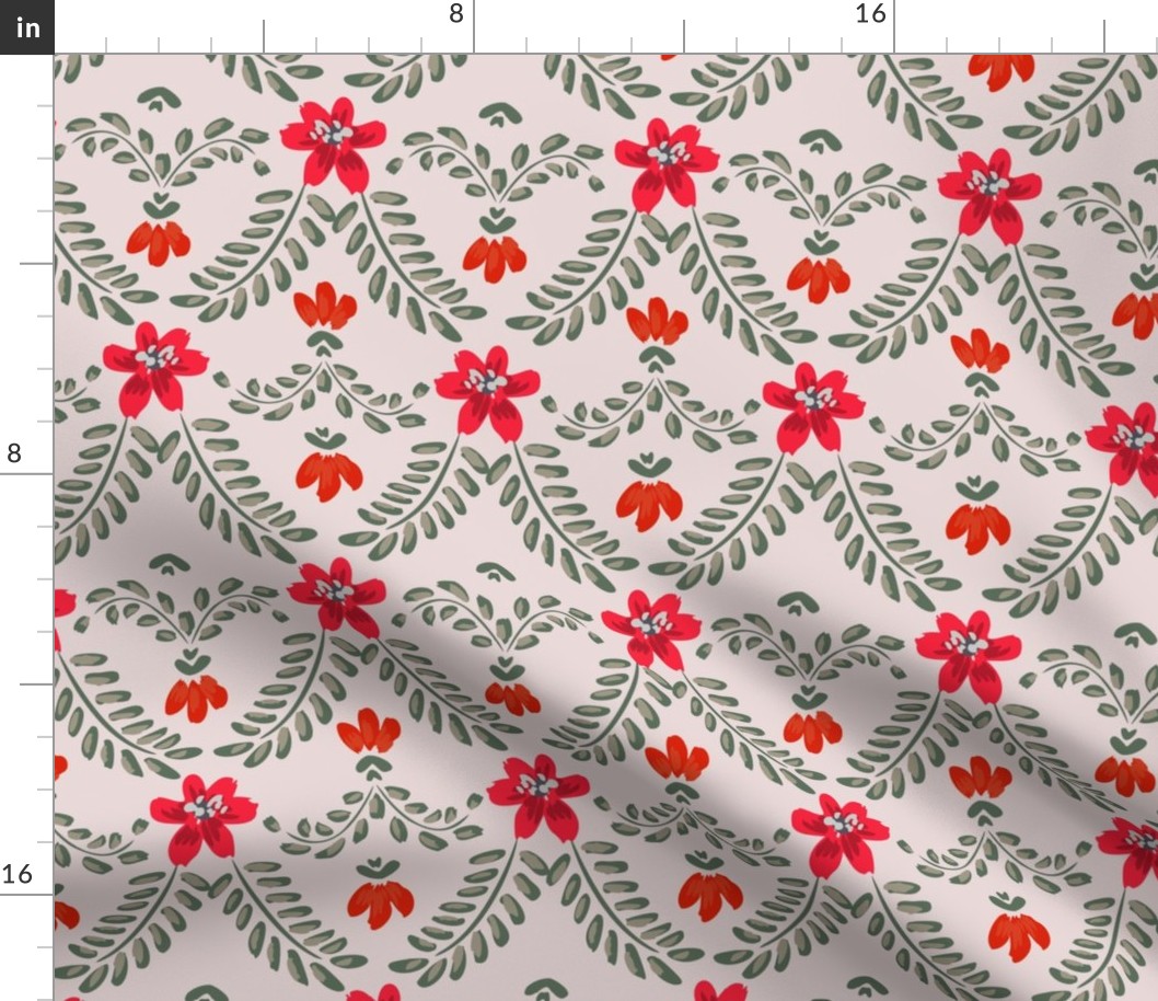Decorative floral leaves  -  cream, sage green, red, maroon , grey // Big scale