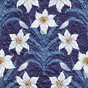 Hand Drawn Stone Textured Lily Flower Fleur-De-Lis Plant Lily Blooms Floral Natural Botanical Design, Deep Indigo Purple Navy Blue