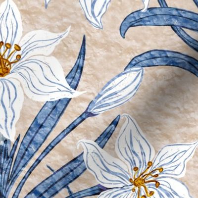 Hand Drawn Stone Textured Lily Flower Fleur-De-Lis Plant Lily Blooms Floral Natural Botanical Design,  Light Neutral Tan