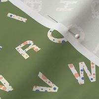 Multicolored Polka Dot Confetti ABC Alphabet Letters on Sage Green