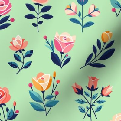 Abstract roses pattern (small scale). Flowers illustration with green background. floral, nature.
