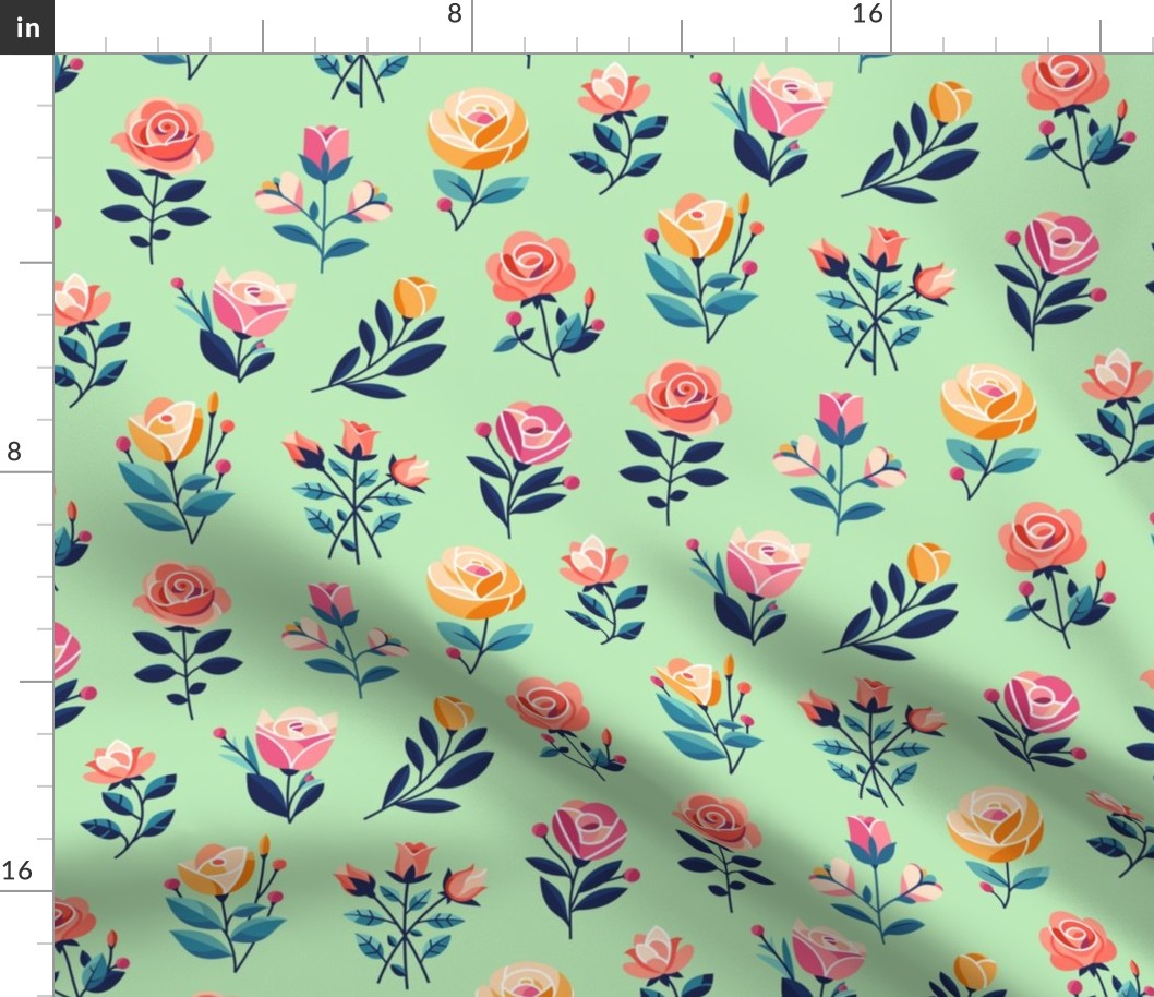 Abstract roses pattern (small scale). Flowers illustration with green background. floral, nature.