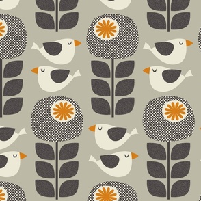 bold birds and flowers - grey taupe / black / orange (large scale)