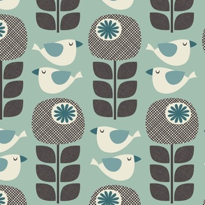 bold birds and flowers - mint / black / teal blue (large scale)