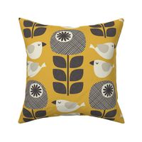 bold birds and flowers - mustard yellow / black  (large scale)