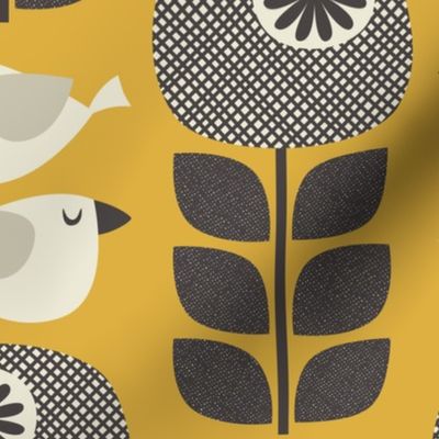 bold birds and flowers - mustard yellow / black  (large scale)