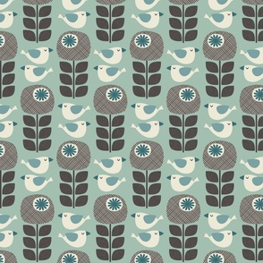 bold birds and flowers - mint / black / teal blue (medium scale)