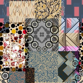 Seamless pattern in patchwork style from individual rectangles and squares with geometry and plant elements 1