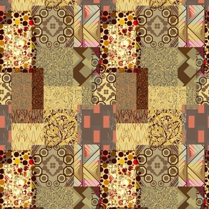 Seamless pattern in patchwork style from individual rectangles and squares with geometry and plant elements 2