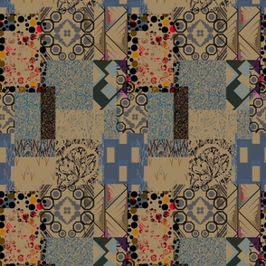 Seamless pattern in patchwork style from individual rectangles and squares with geometry and plant elements 3