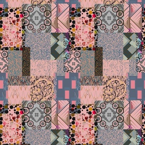 Seamless pattern in patchwork style from individual rectangles and squares with geometry and plant elements 5