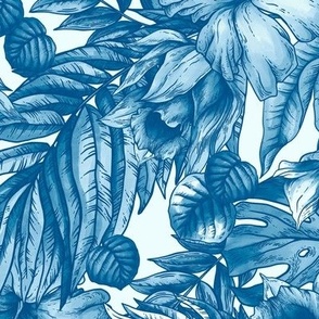 Blue Summer tropical flowers in vintage style