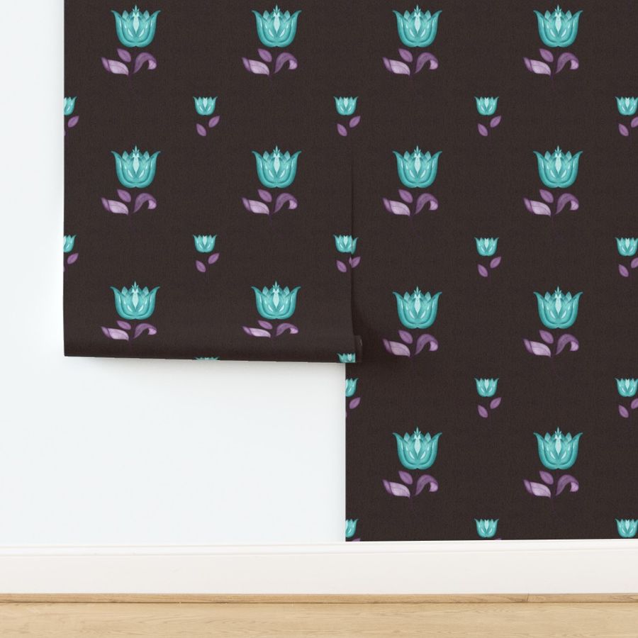 Turquoise Tulip Pattern on Wood Texture Burgundy Background