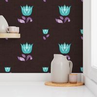 Turquoise Tulip Pattern on Wood Texture Burgundy Background