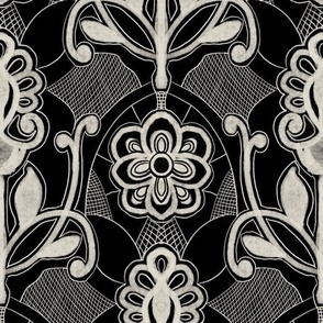 Seamless pattern with monochrome flowers, lace and web in block print style 1
