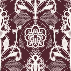 Seamless pattern with monochrome flowers, lace and web in block print style 3