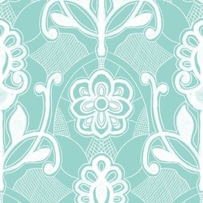 Seamless pattern with monochrome flowers, lace and web in block print style 5