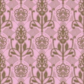 Seamless pattern with monochrome flowers, lace and web in block print style 10