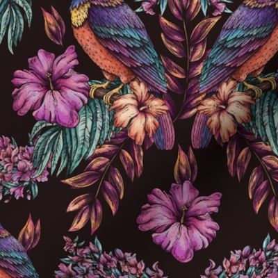 Summer dark tropical birds and flowers in vintage style
