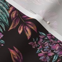 Summer dark tropical birds and flowers in vintage style