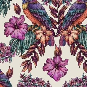 Summer dark tropical birds and flowers in vintage style