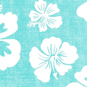 Hibiscus Soiree, White Hibiscus on Textured Linen Background, Large Scale Great for Wallpaper
