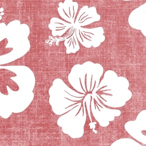 Hibiscus Soiree, White Hibiscus on Textured Linen Background, Large Scale Great for Wallpaper