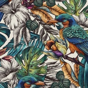 Summer dark tropical birds and flowers in vintage style