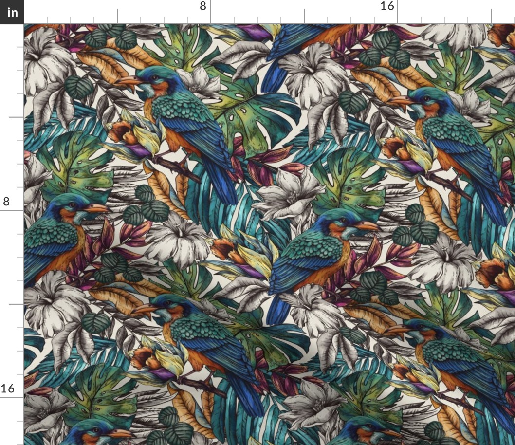 Summer dark tropical birds and flowers in vintage style