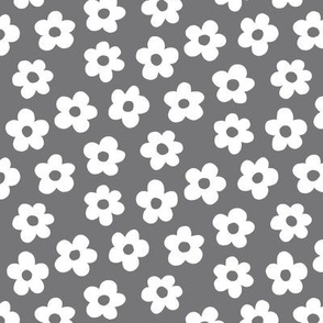 FS White Retro Daisy Flowers on Steel Gray