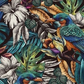 Summer dark tropical birds and flowers in vintage style