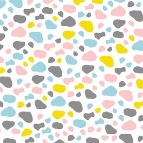 Pastel Serenity: Terrazzo-Inspired Mosaic Fabric with Pink, Yellow, Blue, and Grey Spots on White