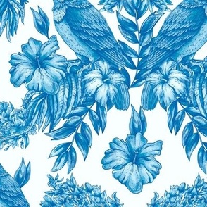 Summer blue tropical birds and flowers in vintage style