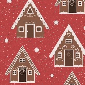 Gingerbread Houses On Red - Large Christmas Holiday Print - Perfect for Bedding