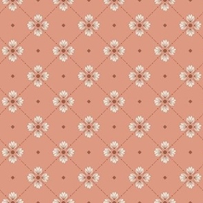 Simone: Terra Cotta Tiled Floral, Small Scale Earth Tone Diagonal Botanical Fabric