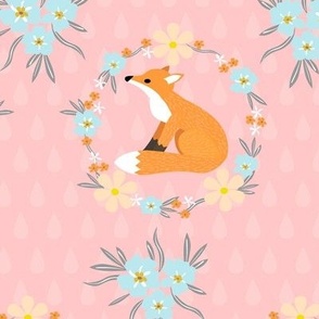 Foxy Garden: Enchanting Fabric and Wallpaper with Illustrated Foxes and Flowers on Baby Pink