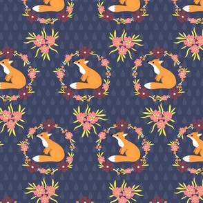Starry Foxes: Whimsical Fabric and Wallpaper with Illustrated Foxes and Flowers on Deep Blue