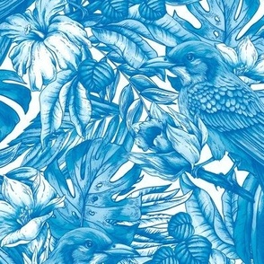 Summer blue tropical birds and flowers in vintage style