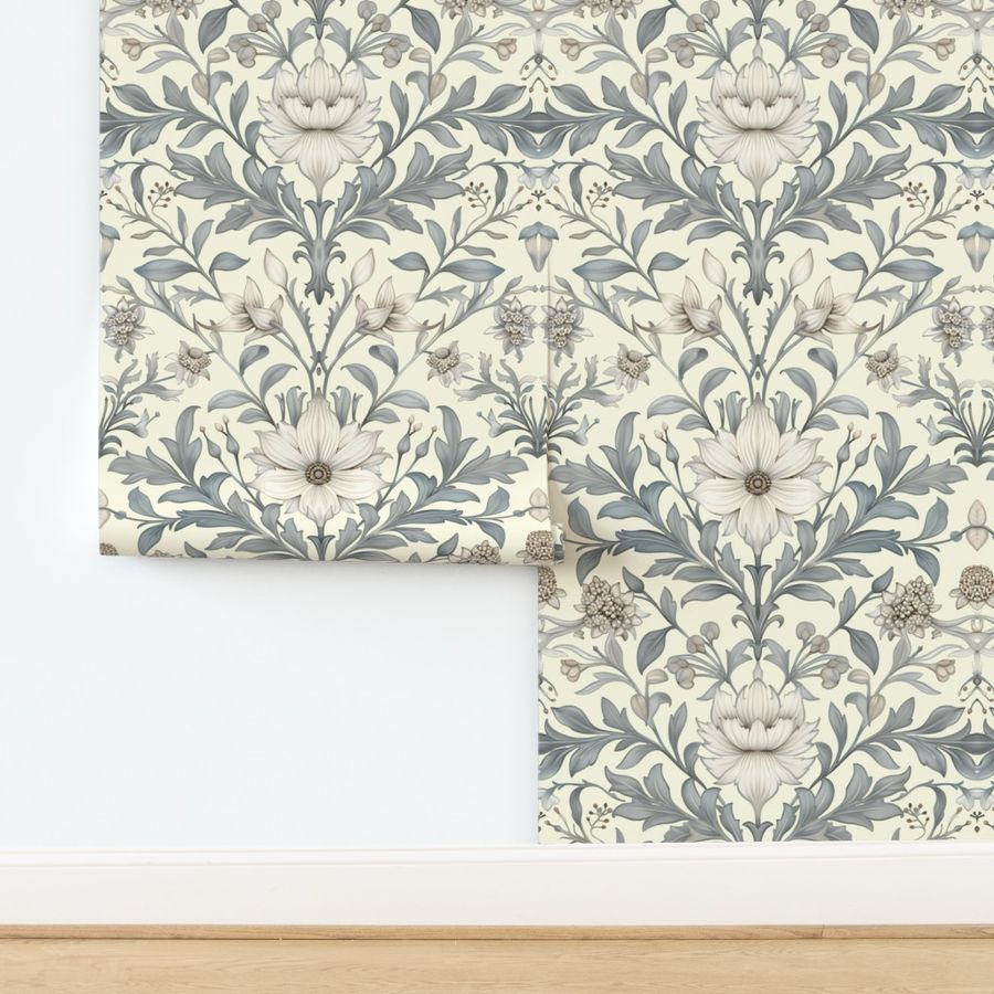 Lilies & Snowdrops Damask - William Morris - Cream Wallpaper