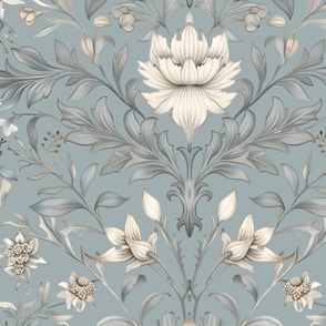 Lilies & Snowdrops Damask – William Morris – Breezy Blue Wallpaper