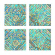 Sapphire and Jade Stained Glass Mandalas in Geometric Tile Pattern