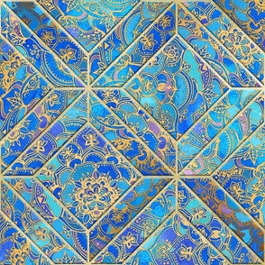 Cobalt and Turquoise Stained Glass Mandalas in Geometric Tile Pattern