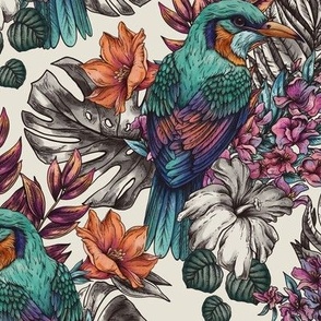 Summer dark tropical birds and flowers in vintage style