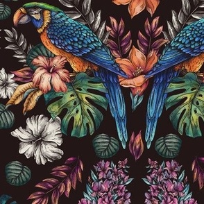 Summer birds parrots and flowers in vintage style