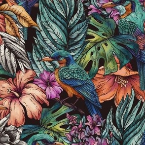 Summer tropical birds and flowers in vintage style