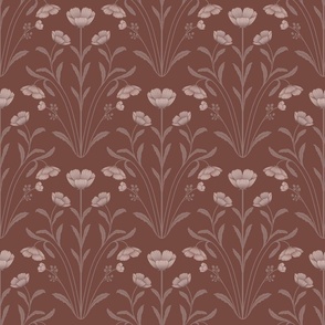 Vintage Inspired Five Petals Flowers Elongated Leaves Damask rust and mauve ( medium scale )