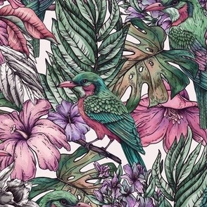 Summer tropical birds and flowers in vintage style