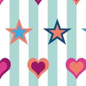 Retro Modern - Circus - Pop Art Hearts and Stars - Fun of the Fair - Mint Green Stripes