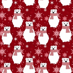 New Year, Christmas pattern with polar bears and snowflakes on a red background.