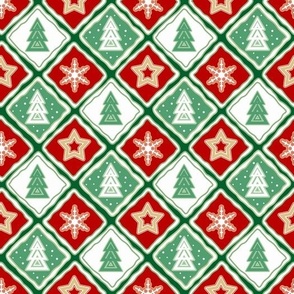 Bright New Year, Christmas pattern with fir trees, stars and snowflakes. Red, green, white background.